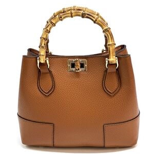 Luggage-Tan Pebbled Leather Tote With Natural Bamboo Handles. Made In Italy